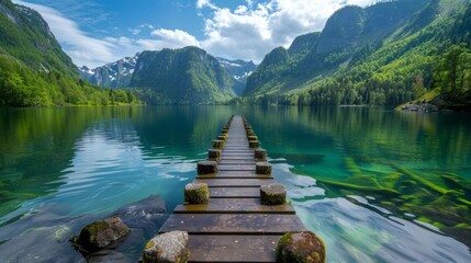 A long wooden pier leading into a lake with mountains in the background, AI