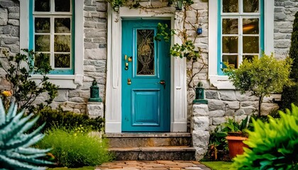 a detail of a front door on home with stone and white bricking siding beautiful landscaping and a colorful blue green front door
