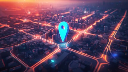 Vibrant depiction of a digital map pin over a glowing urban grid at sunset, symbolizing location tracking and navigation. - obrazy, fototapety, plakaty