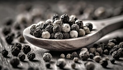black and white pepper in a wooden spoon macro shot - Powered by Adobe