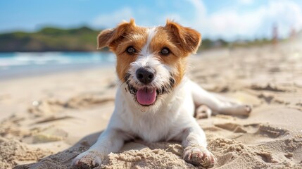 A dog laying on the beach with its tongue hanging out, AI