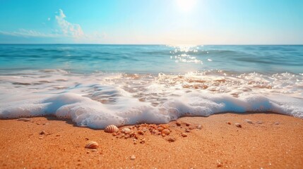 A beach with waves and shells on the sand, AI