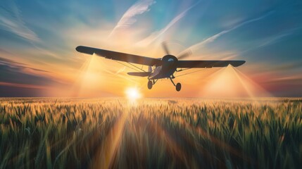 Agricultural airplane is flying over wheat field and performing crop spraying to protect crops from pests and plant diseases.  - obrazy, fototapety, plakaty