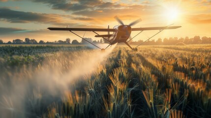 Agricultural airplane is flying over wheat field and performing crop spraying to protect crops from pests and plant diseases.  - obrazy, fototapety, plakaty