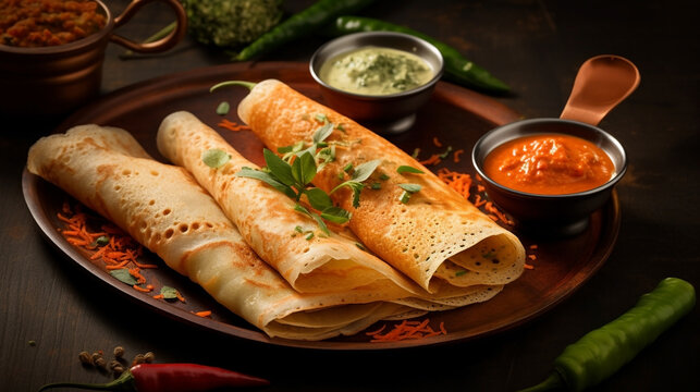 wide top view background photo, delicious masala dosa and curries on a tray, Indian traditional food recipe banner image in dark color background