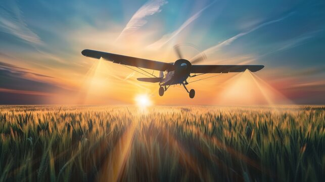 Agricultural airplane is flying over wheat field and performing crop spraying to protect crops from pests and plant diseases. 