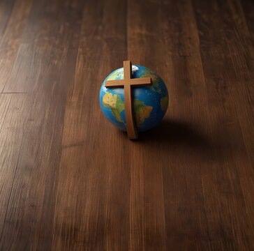 Conceptual image with christian cross and earth globe on wooden floor beautiful shining pic 