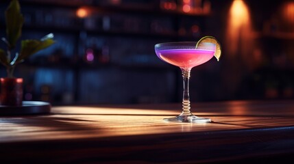 A cocktail with a lime garnish sits on a bar counter in ambient lighting