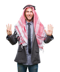 Young handsome arabian man with long hair wearing keffiyeh over isolated background showing and pointing up with fingers number eight while smiling confident and happy.