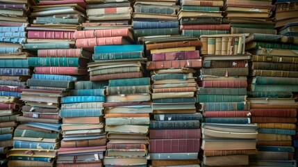Person standing in front of stack of books - obrazy, fototapety, plakaty