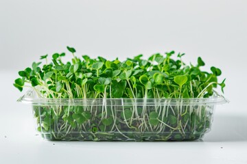 A profusion of microgreens displayed in a transparent container on a white backdrop, spotlighting their vibrant freshness and nutritional value.