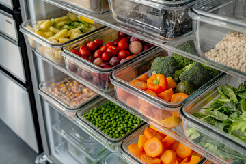 photograph of a modern refrigerator full of food, which neatly lies in special drawers, space organization concept