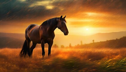 horse silhouette grazing and beautiful sunset background in summertime - obrazy, fototapety, plakaty