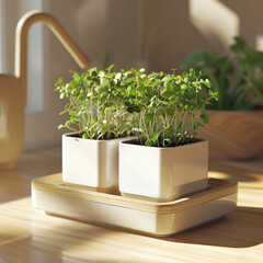 Sun-kissed microgreens in modern white planters on a kitchen counter. Home gardening and eco-friendly living concept.