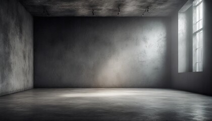 a grey room with concrete floor and wall creating an atmospheric atmosphere