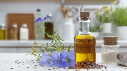 Organic Flaxseed Oil with Blue Flax Flowers on Kitchen Counter