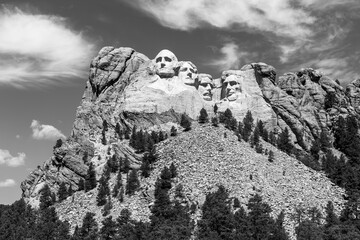Mount Rushmore national monument in black and white, Rapid City, South Dakota, United States of...