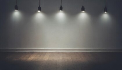 empty white wall with 5 spot lights and wooden floor