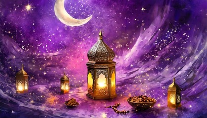 ramadan greeting card on violet background illustration generative ai