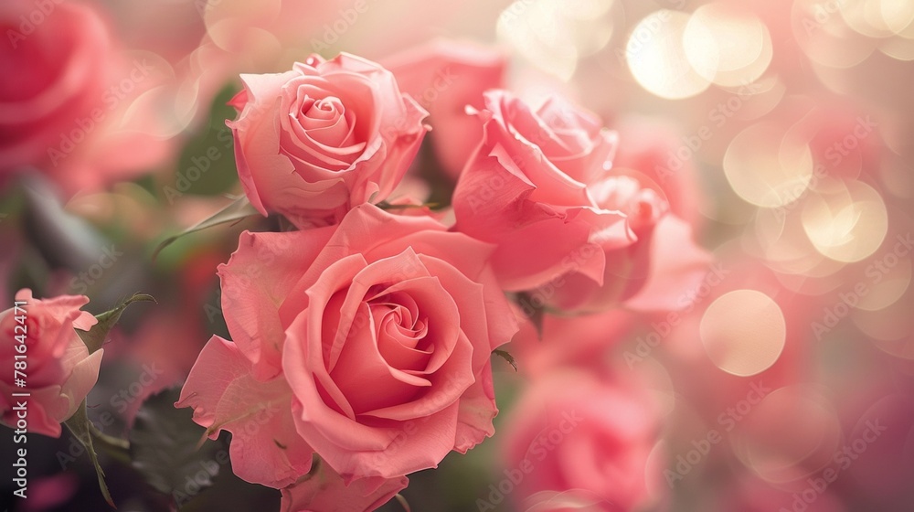 Poster A close up of a bunch of pink roses with some light, AI