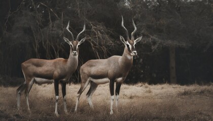 a couple of antelope standing next to each other on a dry grass field with trees in the background