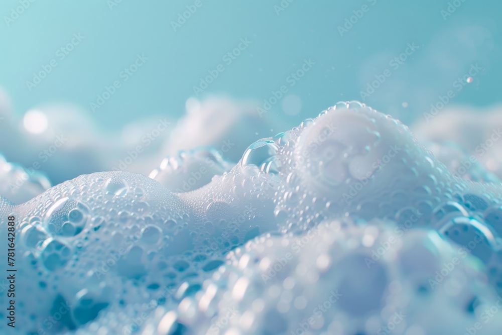 Poster a macro photography of translucent soap bubbles with a captivating blue tint. macro shot of soap bub