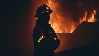 silhouette of a firefighter in the middle of a big fire generative ai