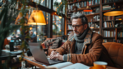 Fototapeta premium Casual business man or freelancer planning his work on notebook, working on laptop computer with smart phone, cup of coffee on table at coffee shop or home office.