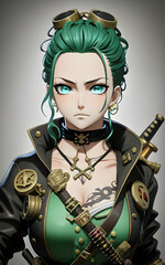 A girl with green hair who looks grumpy