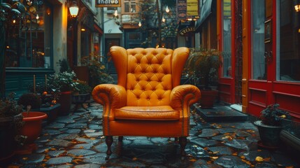 A chair sitting in the middle of a cobblestone alley, AI - Powered by Adobe