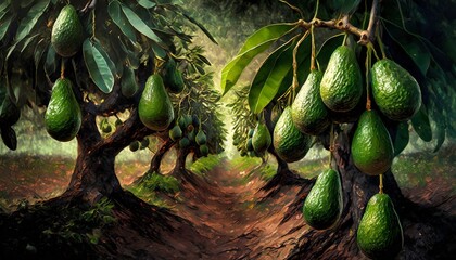 a scene showcasing an avocado orchard with ripe fruit hanging from trees set against a textured...