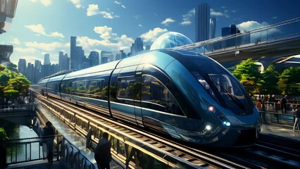 Fast modern futuristic train moving through the tunnel at night in the green city