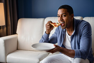 a man sitting on a couch eating a slice of pizza