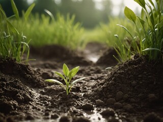 high quality, photorealistic of green sapling rowing out of soil