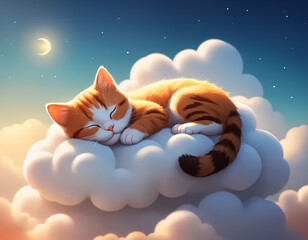 Cute little cat peacefully dozes on a cloud, surrounded by the soft rays of the setting sun and a serene ambiance. Generative AI