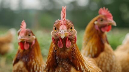 Naklejka premium A group of chickens standing in a field with their heads turned, AI