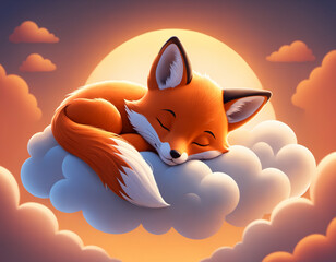 Obraz premium Cute little fox peacefully dozes on a cloud, surrounded by the soft rays of the setting sun and a serene ambiance. Generative AI