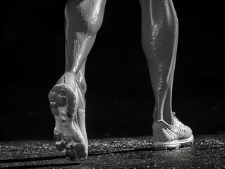 Anatomie d'un athlète marathonien : détail sur la foulée et les jambes du coureur sportif, illustration en noir et blanc