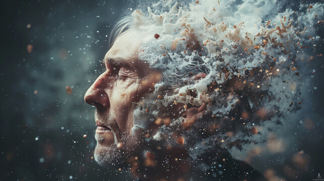 Homme souffrant d'Alzheimer ou de d&eacute;mence s&eacute;nile : fragmentation de la conscience, perte de la m&eacute;moire et des facult&eacute;s cognitives