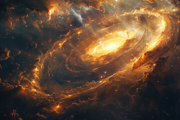 mystical glowing galaxy surrounded by golden nebula clouds in deep space - obrazy, fototapety, plakaty