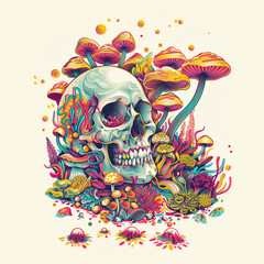 a skull with a red and green pattern with mushrooms