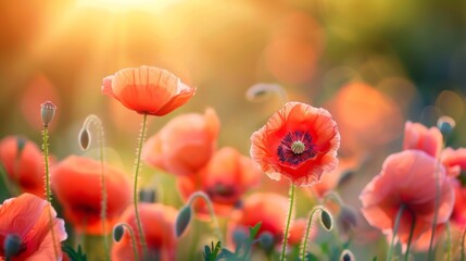 A field of red poppies with sun shining through the grass, AI