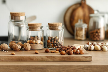 Photo of a modern stylish kitchen countertop with a solid wood board holding clear glass jars filled with nuts and spices. - Powered by Adobe