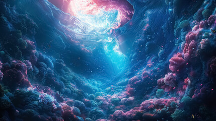 enchanting underwater coral reef illuminated by ethereal light - obrazy, fototapety, plakaty