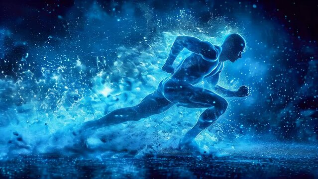 Sportsman runner running fast in an abstract energy blue light