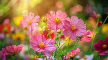 A close up of a bunch of pink and yellow flowers, AI