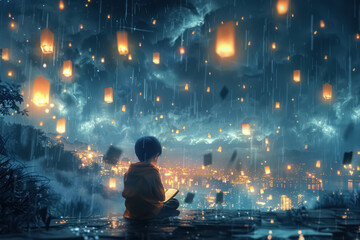 enchanted night rain with glowing lanterns floating around a solitary child amidst the serene and mystical landscape
