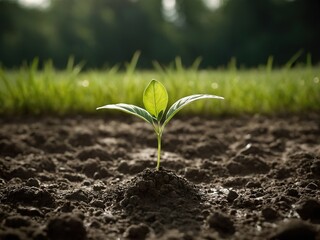 high quality, photorealistic of green sapling rowing out of ground