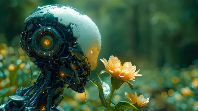 Cyborg robot and flower in the garden. Concept of friendry artificial intelligence