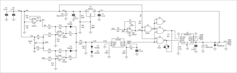 Schematic diagram of electronic device.
Vector drawing electrical circuit with 
logic gate, operational amplifier, 
microcontroller, integrated circuit, 
resistor, capacitor, diode on paper sheet.